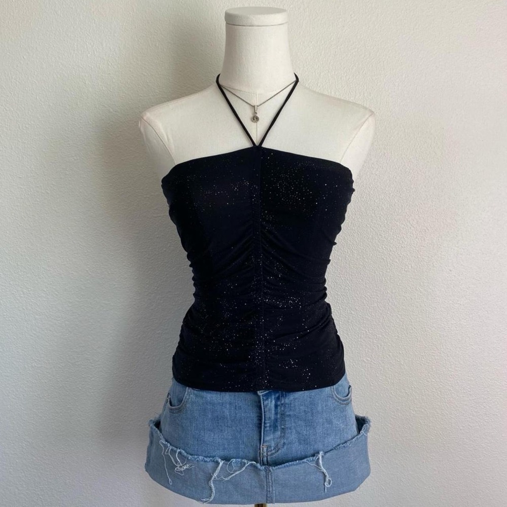 Y2K Team USA Black Ruched Halter Sparkle Top Goth Whimsigoth